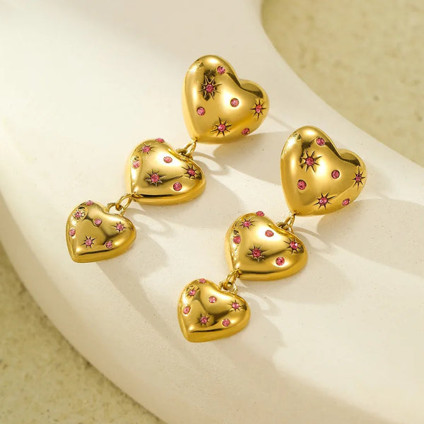 Gold-Plated Heart Drop Earrings | Stainless Steel