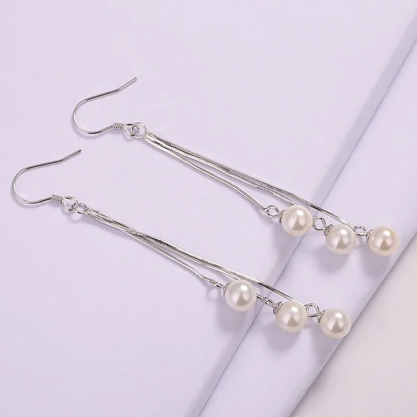 Tassel Artificial Pearl Drop Earrings | 925 Sterling Silver