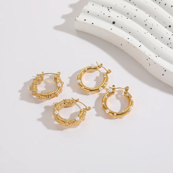 Artificial Pearl Hoop Earrings | Stainless Steel
