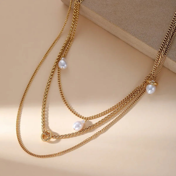 Layered Artificial Pearl Necklace | Stainless Steel