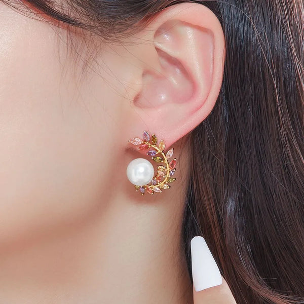 Pearl Leaf Earrings | Copper