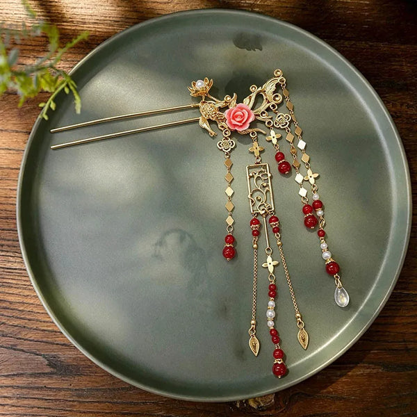 Red Tassel Hairpin Headband | Alloy