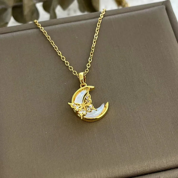 Zircon Butterfly Pendant Necklace | Titanium Steel