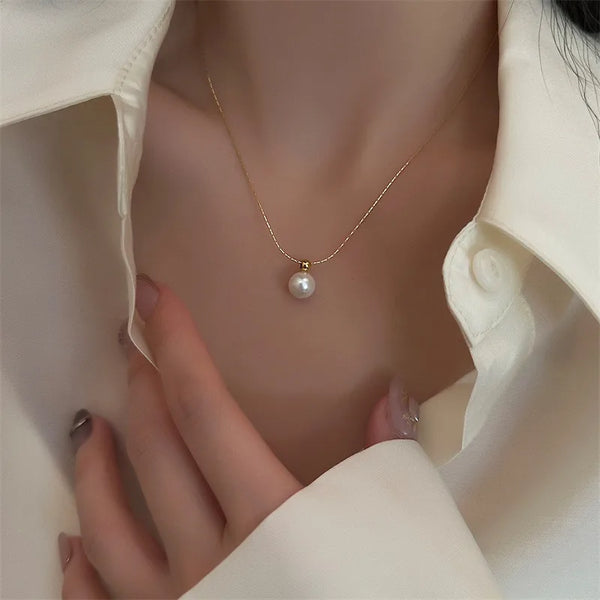 Round Artificial Pearl Pendant Necklace | Titanium Steel