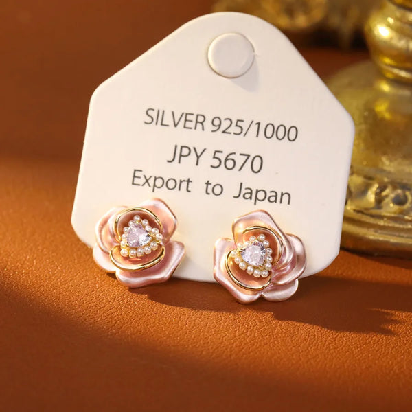 Pink Floral Stud Earrings | 925 Sterling Silver