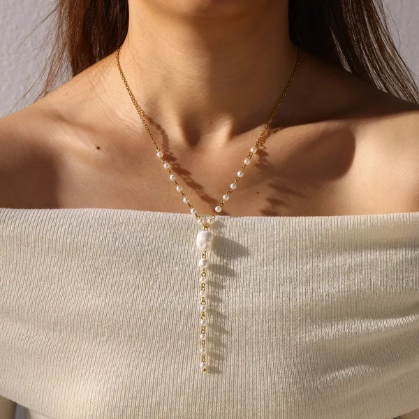 Oval Artificial Pearl Necklace | Stainless Steel