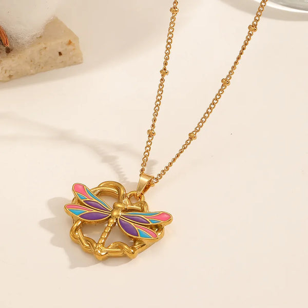 Floral Dragonfly Necklace | Stainless Steel