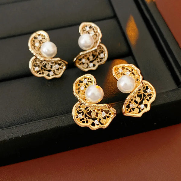 Zircon Artificial Pearl Stud Earrings | Copper