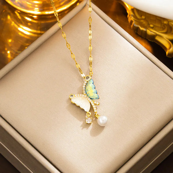 Pearl Butterfly Pendant Necklace | Stainless Steel