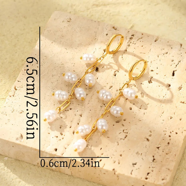Tassel Artificial Pearl Drop Earrings | Stainless Steel