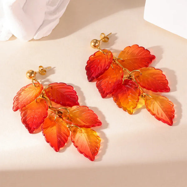 Red Leaf Drop Earrings | Stainless Steel