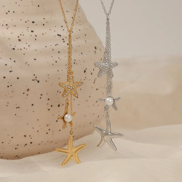 Starfish Artificial Pearl Pendant Necklace | Stainless Steel