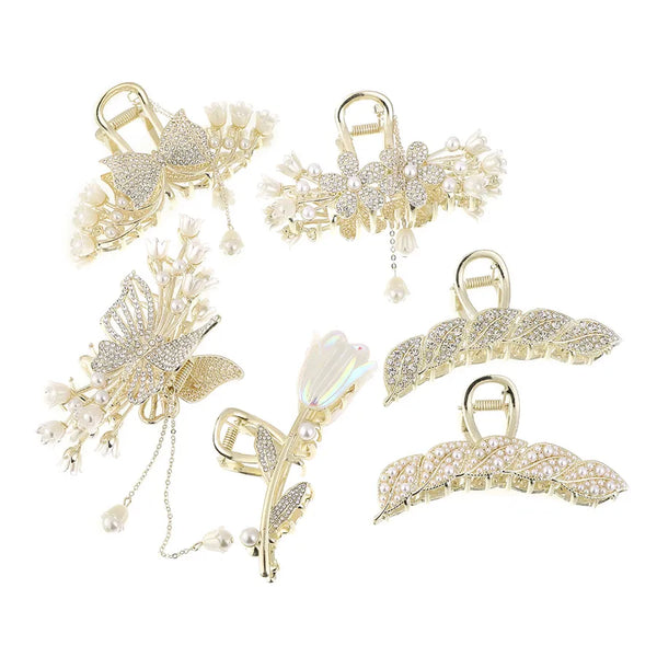 Leaf Artificial Pearl Hair Claw | Metal