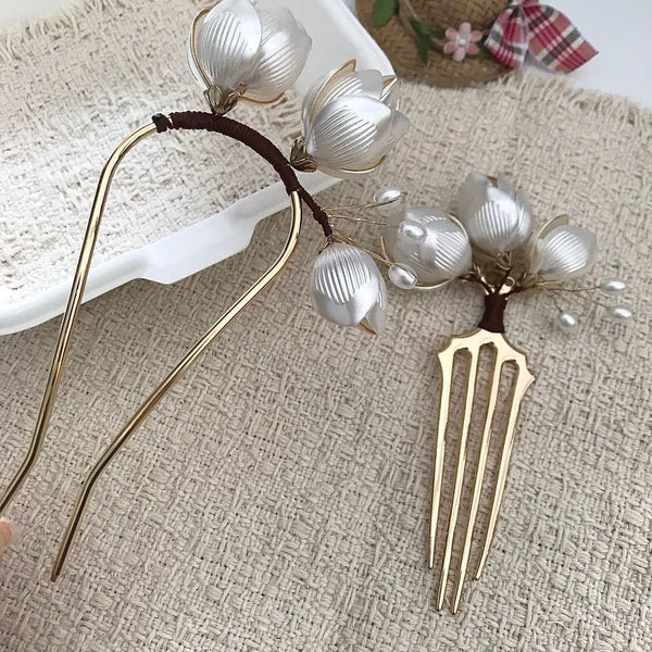 Chinoiserie Floral Hairpin Headband | Pearl