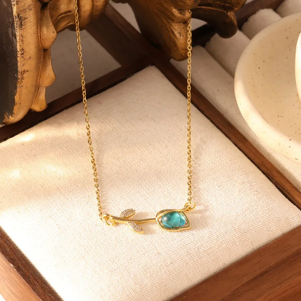 Zircon Leaf Pendant Necklace | Stainless Steel