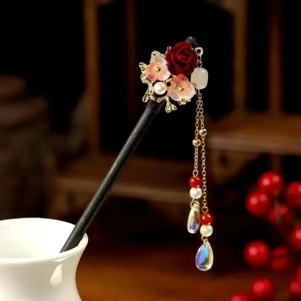 Red Floral Hairpin Headband | Wood