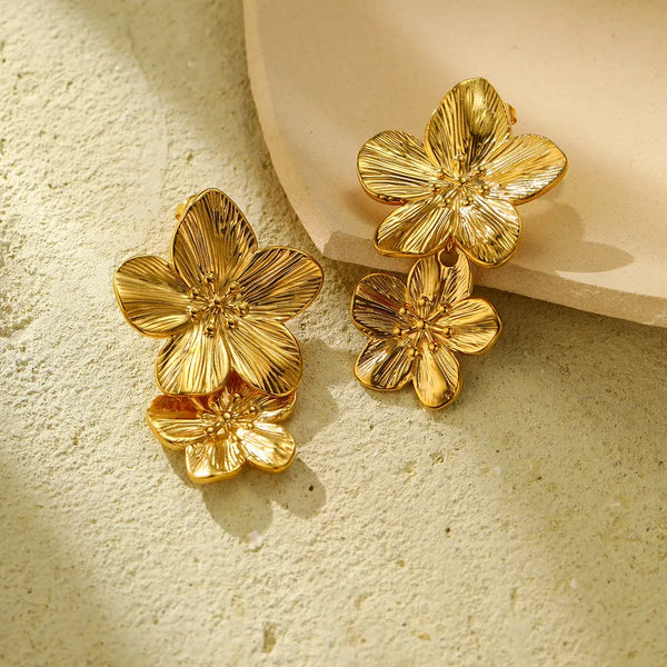 Gold-Plated Floral Drop Earrings | Stainless Steel