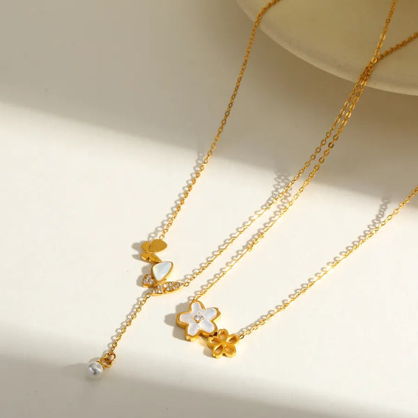 Floral Artificial Pearl Pendant Necklace | Stainless Steel